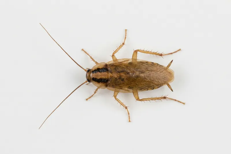 German cockroach (Blattella germanica): small, tan, two dark stripes behind the head