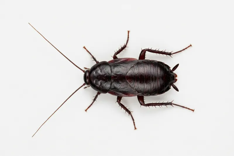 Oriental cockroach (Blatta orientalis): glossy dark brown to black, stubby wings